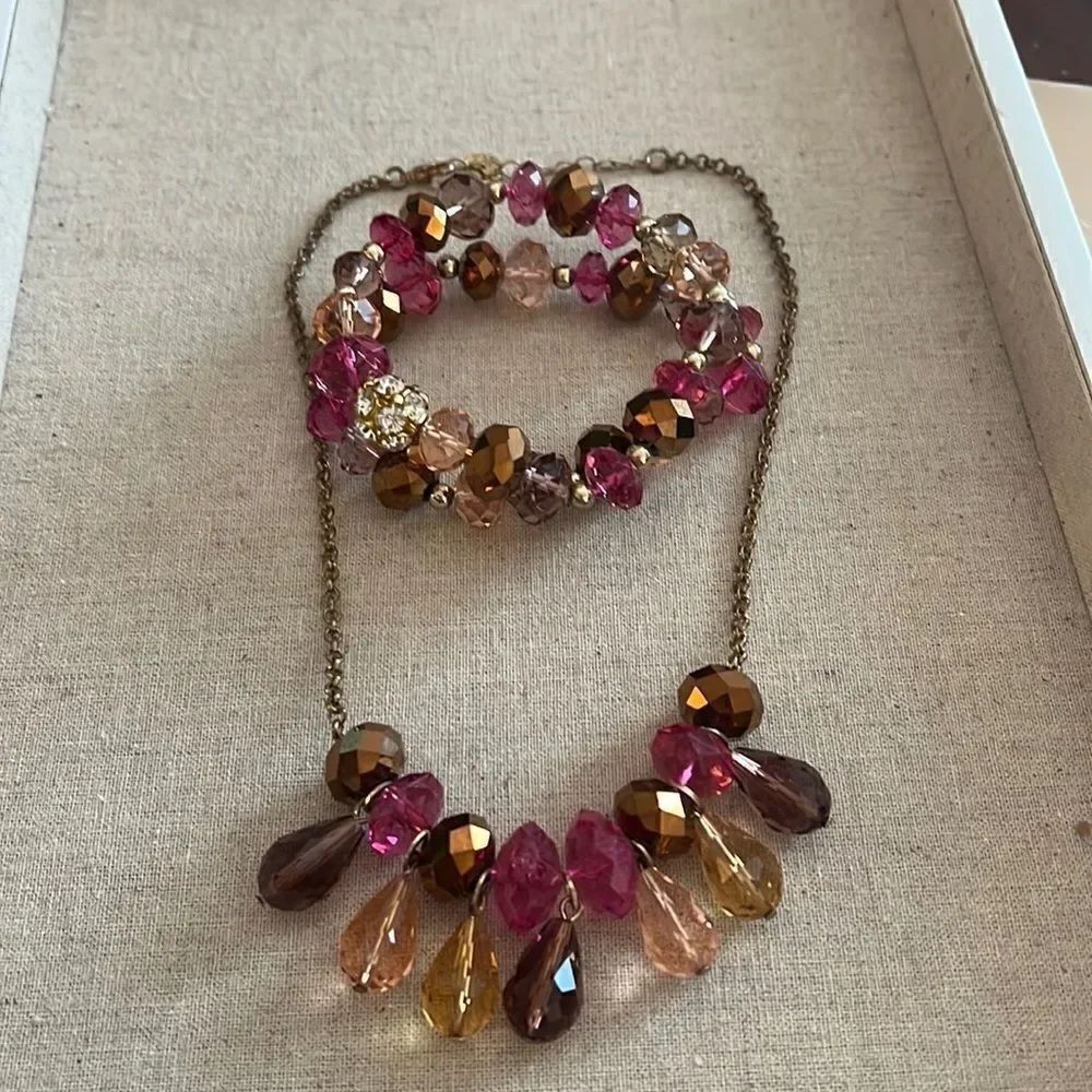 Liz Claiborne Brown and Pink Glass Bead Necklace and Bracelet Set